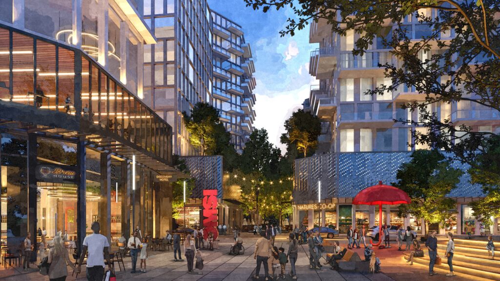 Rendering of OMSI District plaza filled with people